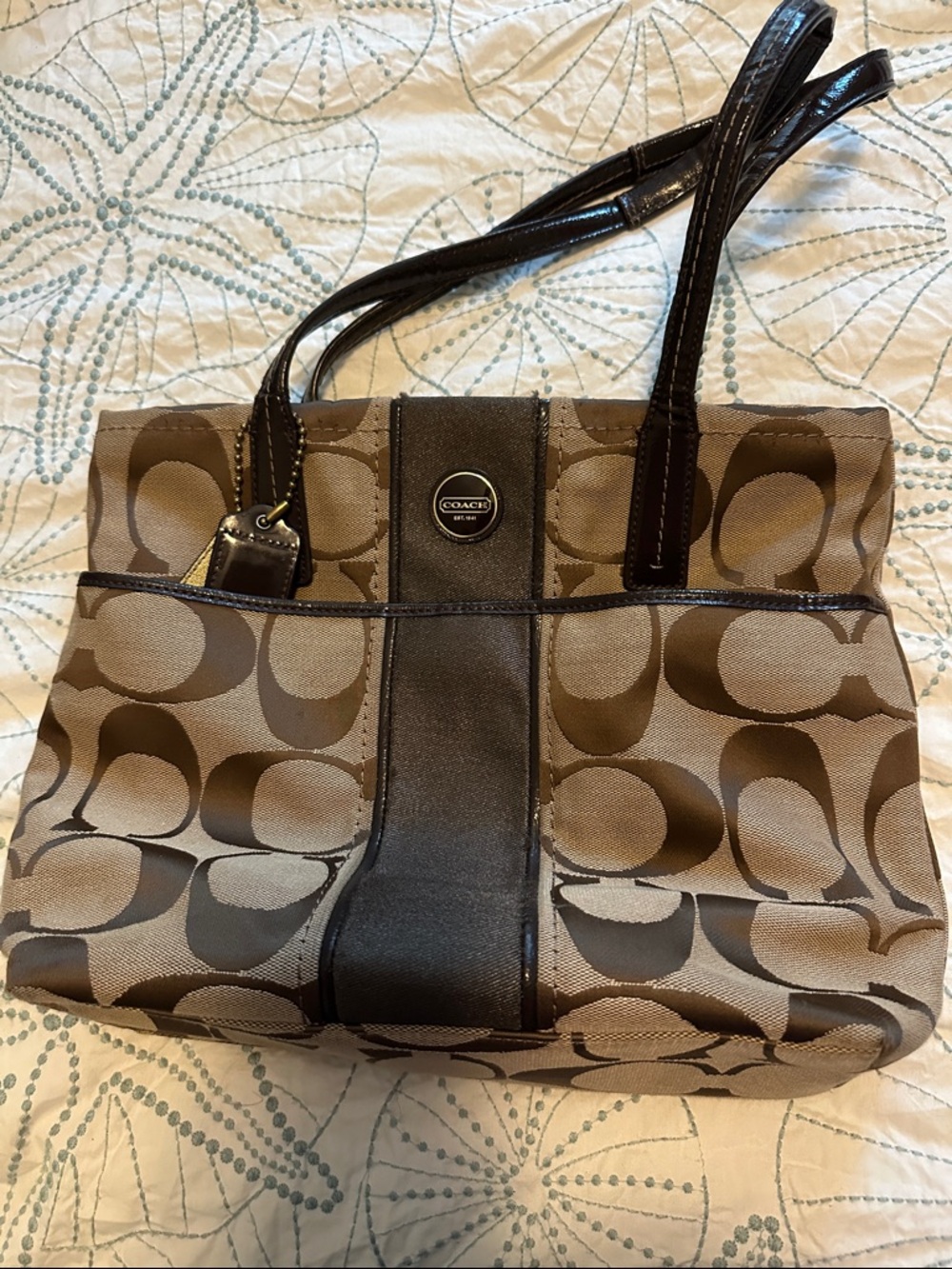 Coach Signature Canvas Tote in Khaki and Brown with Dark Brown Trim